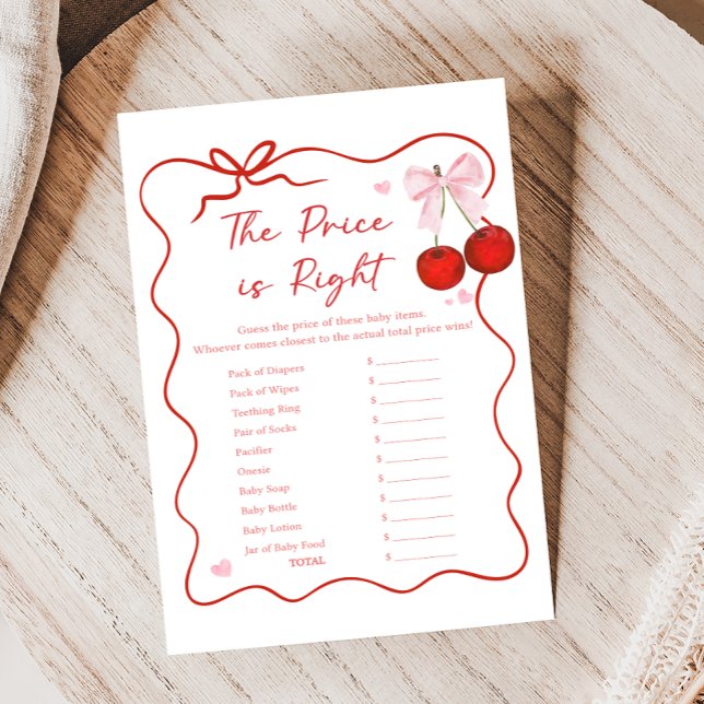 Lámina Cherry on Top Pink Bow Shower Price is Right Game (Coquette Cherry on Top Baby Shower Game)