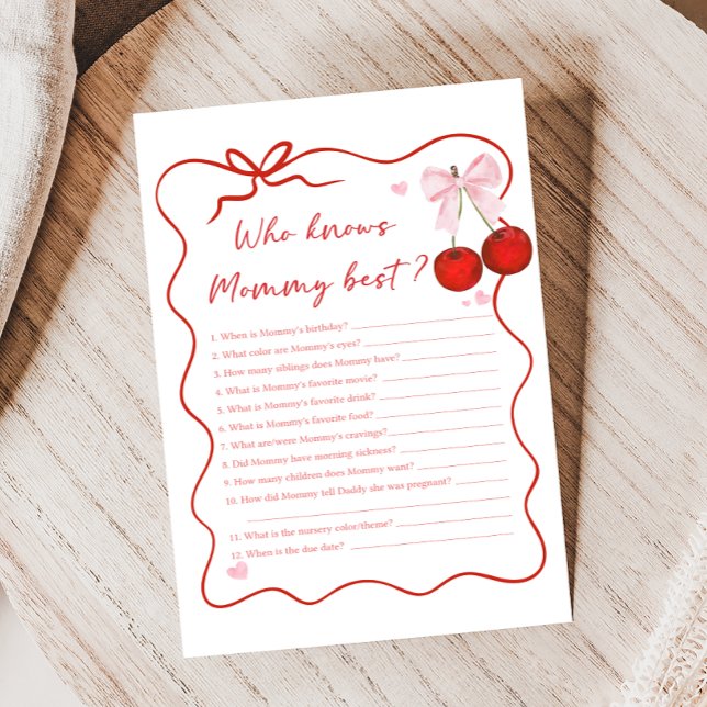 Lámina Cherry on Top Pink Bow Shower Who knows Mommy Game (Coquette Cherry on Top Baby Shower Game)