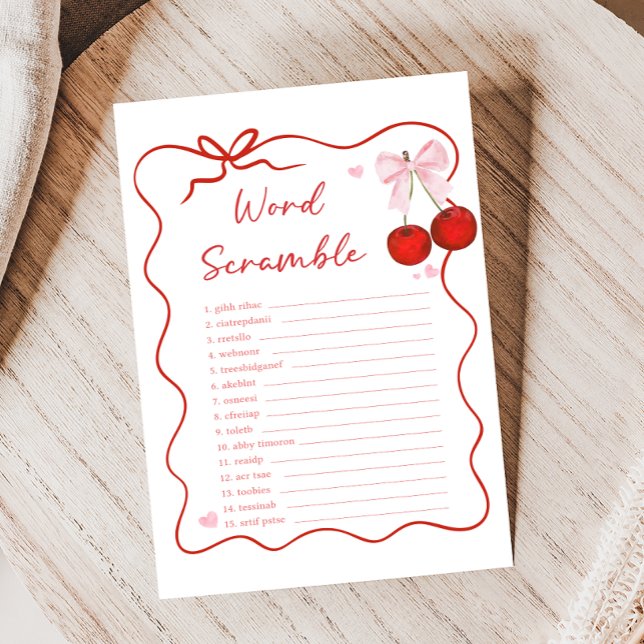 Lámina Cherry on Top Pink Bow Shower Word Scramble Game (Coquette Cherry on Top Baby Shower Game)