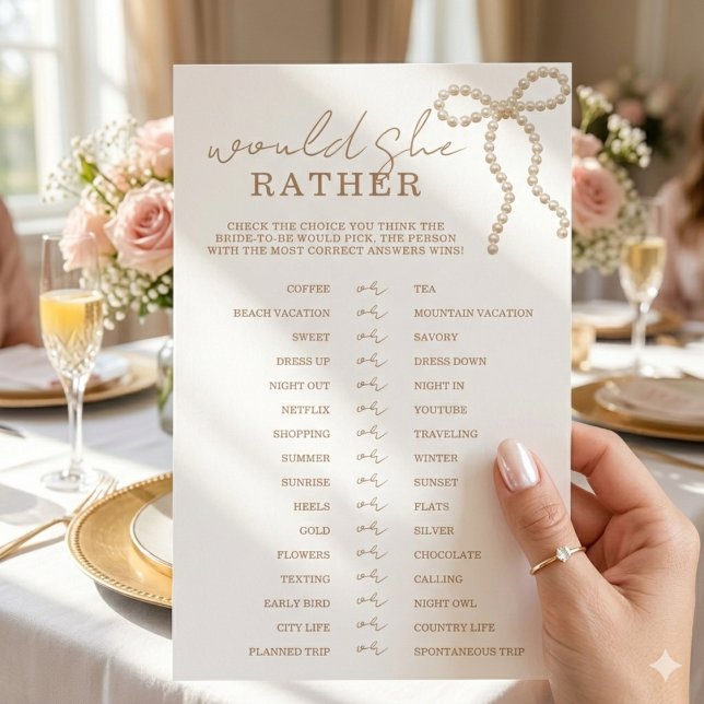 Lámina Chic Pearl Bow Would She Rather Bridal Shower Game (Subido por el creador)