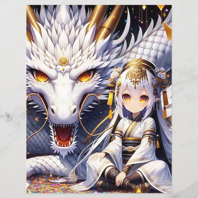 Lámina Chica anime y dragón blanco y de oro (Reverso)