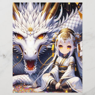 Lámina Chica anime y dragón blanco y de oro
