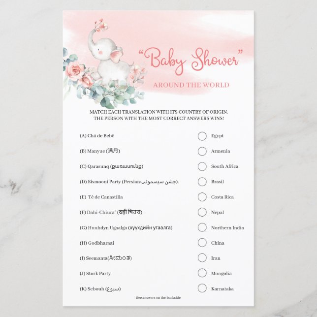 Lámina Chica Baby Elephant "Baby Shower" en todo el mundo (Anverso)