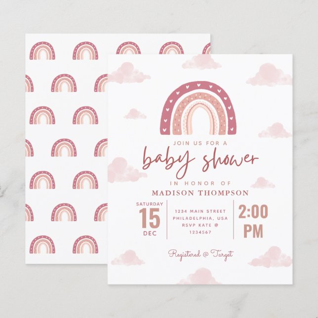 Lámina Chica Baby Shower Invita de nubes de arcoiris rosa (Anverso / Reverso)