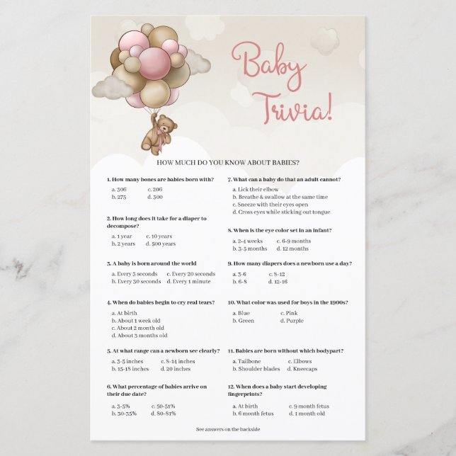 Lámina Chica bebé oso globos marrones rosados Baby Trivia (Anverso)