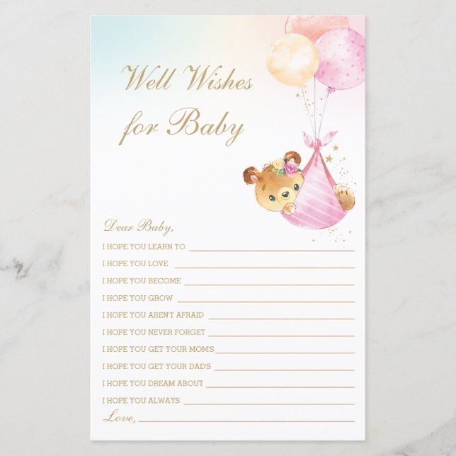 Lámina Chica con globos de oso y buenos deseos para Baby  (Anverso)
