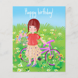 Lámina Chica con una bicicleta en un prado floreciente