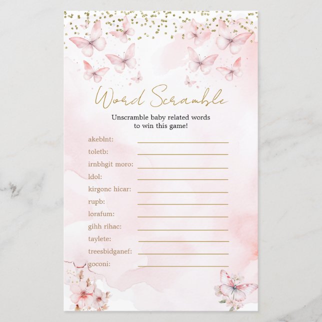 Lámina Chica de Baby Shower de mariposa rosa Juego de est (Anverso)