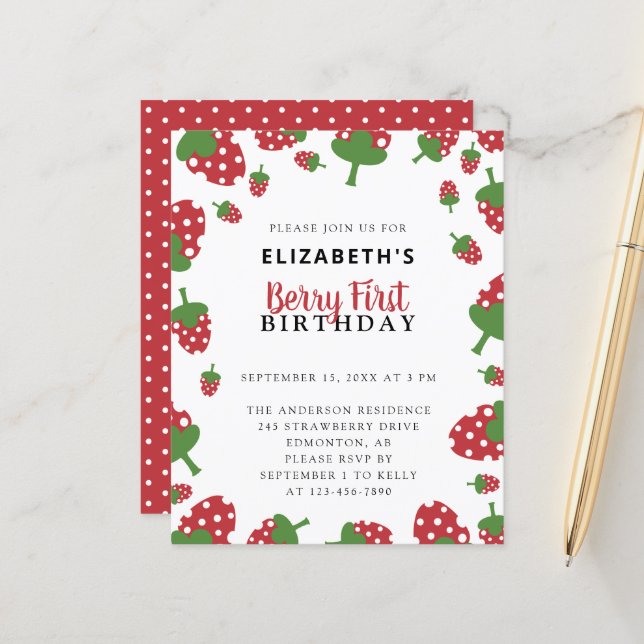 Lámina Chica de Fresa Cuta de Primer Cumpleaños de Budget (Anverso/Reverso In Situ)