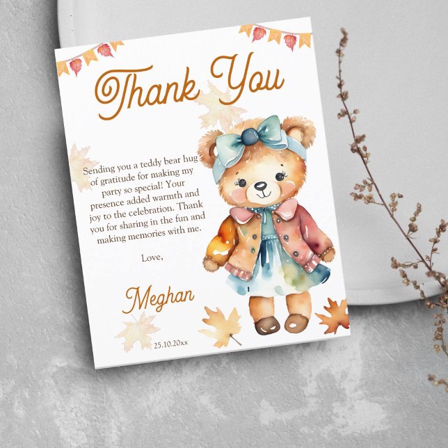 Lámina Chica de oso de Teddy fiesta de cumpleaños fiesta  (Cute Teddy bear girls birthday party thank you cards cute teddy dressed in a dress and hair bow)