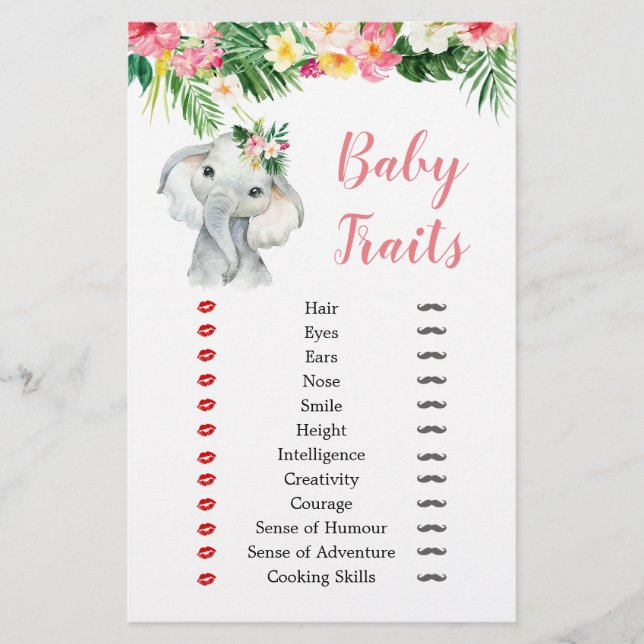 Lámina Chica elefante tropical Baby Shower Rasgos para be (Anverso)