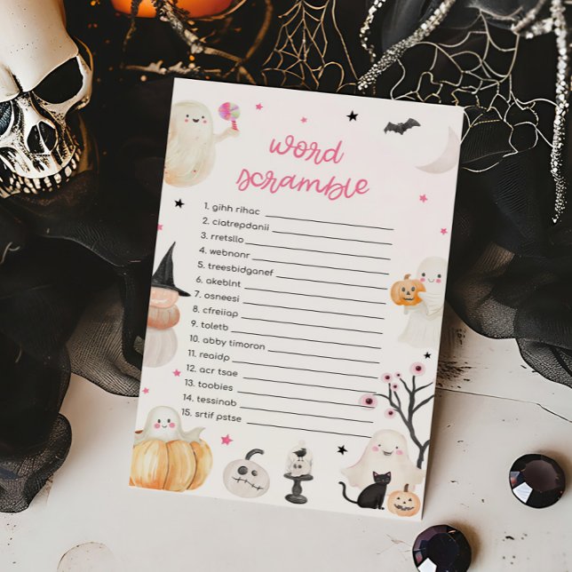 Lámina Chica Halloween Pequeño juego de palabras de broma (A Little Boo Baby Shower Word Scramble Game)