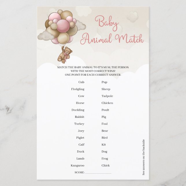 Lámina Chica oso de peluche globos rosados Baby Animal Ma (Anverso)