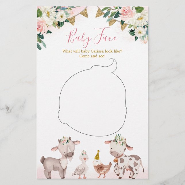 Lámina Chica Pink Farm Baby Shower Baby Face Card (Anverso)