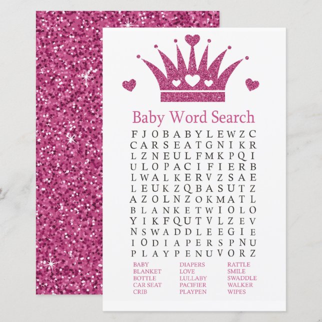 Lámina Chica rosa Crown Baby Shower Word Search Game (Anverso / Reverso)