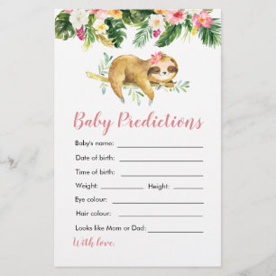 Lámina Chica tropical Sloth Baby Shower Predicciones para