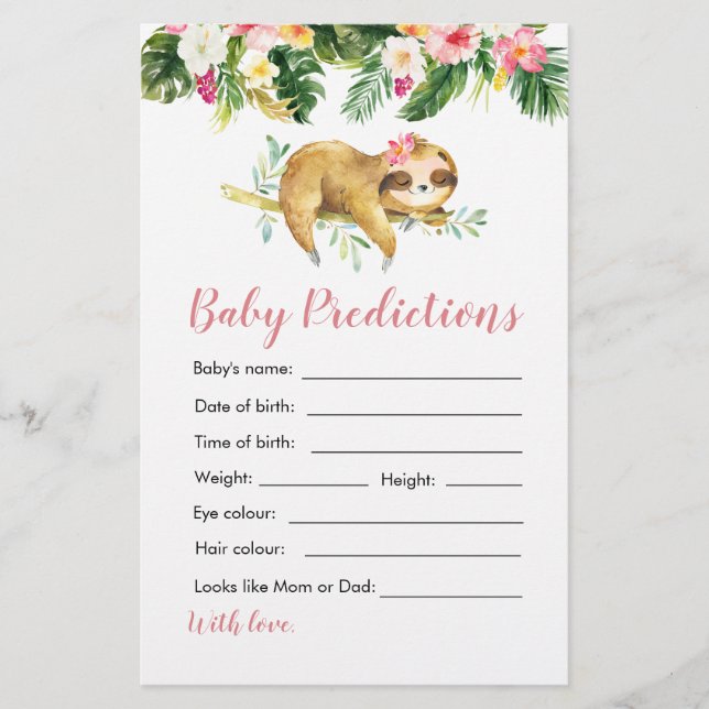 Lámina Chica tropical Sloth Baby Shower Predicciones para (Anverso)