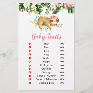 Lámina Chica tropical Sloth Baby Shower Rasgos para bebé