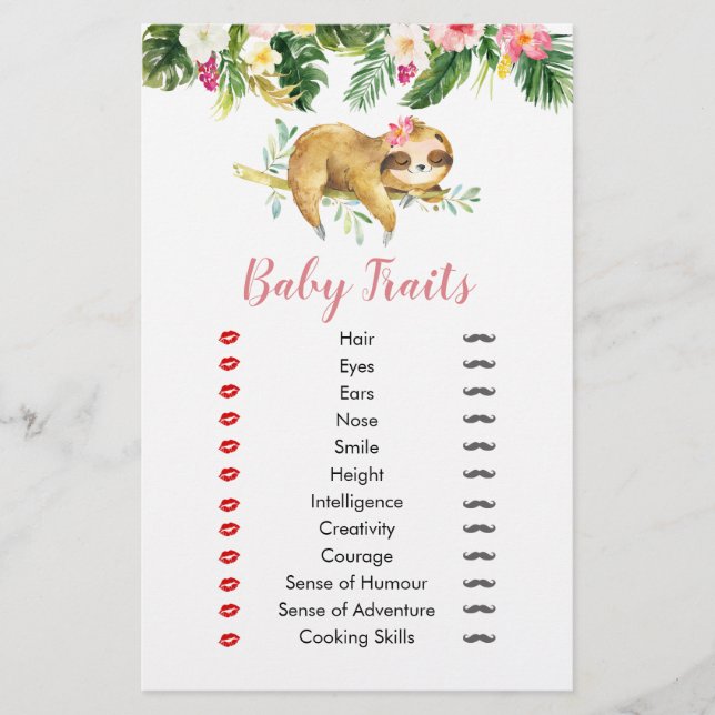 Lámina Chica tropical Sloth Baby Shower Rasgos para bebé (Anverso)