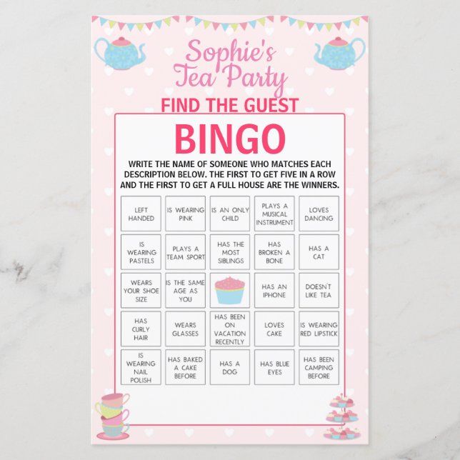 Lámina Chicas Fiesta de Té de Cumpleaños Encuentra Bingo  (Anverso)