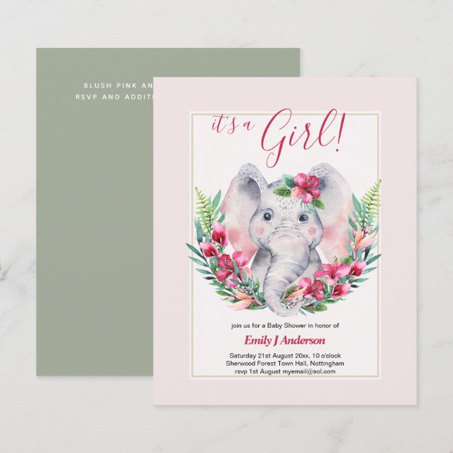 Lámina CHICAS Flores elefantes Baby Shower REVELACIÓN DE  (Anverso / Reverso)