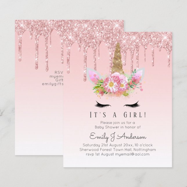 Lámina Chicas rosas de la invitación a Baby Shower de Uni (Anverso / Reverso)