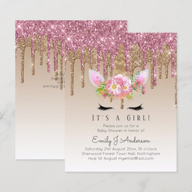 Lámina Chicas rosas de la invitación a Baby Shower de Uni (Anverso / Reverso)