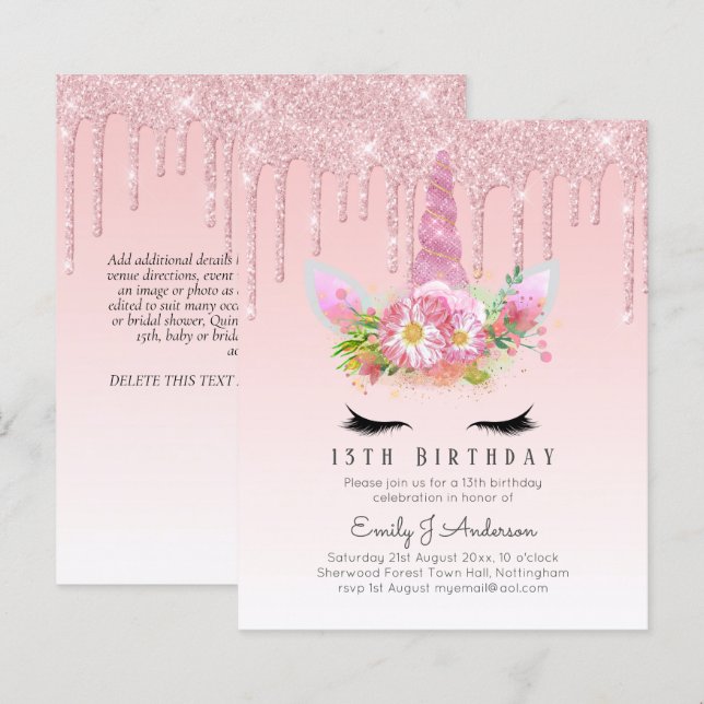 Lámina CHICAS Unicornio, Purpurina rosa de PRESUPUESTO (Anverso / Reverso)