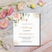 Christening eucalipto rosa oro invitación floral