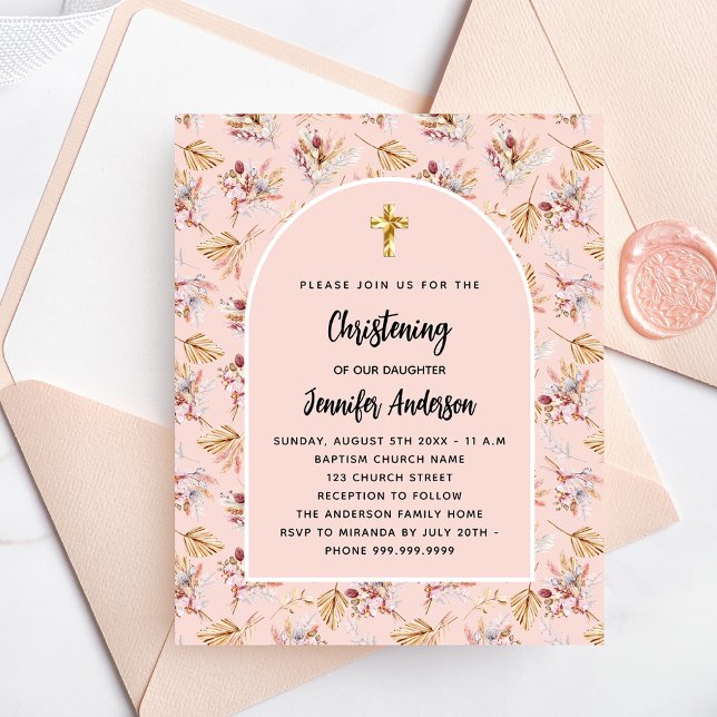Lámina Christening pampas florals invitación rosa presupu (Subido por el creador)