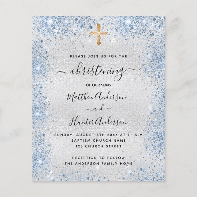 Lámina Christening silver blue twyboy Invitación presupue (Anverso)