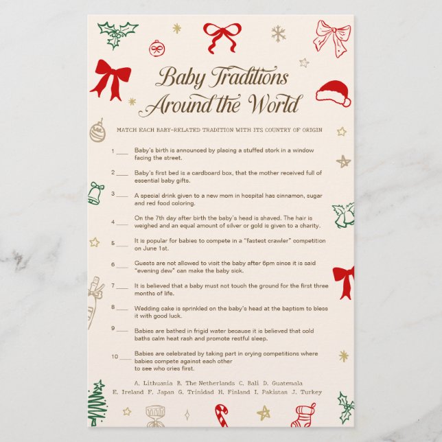 Lámina Christmas Baby Shower Baby Tradtions Game  (Anverso)