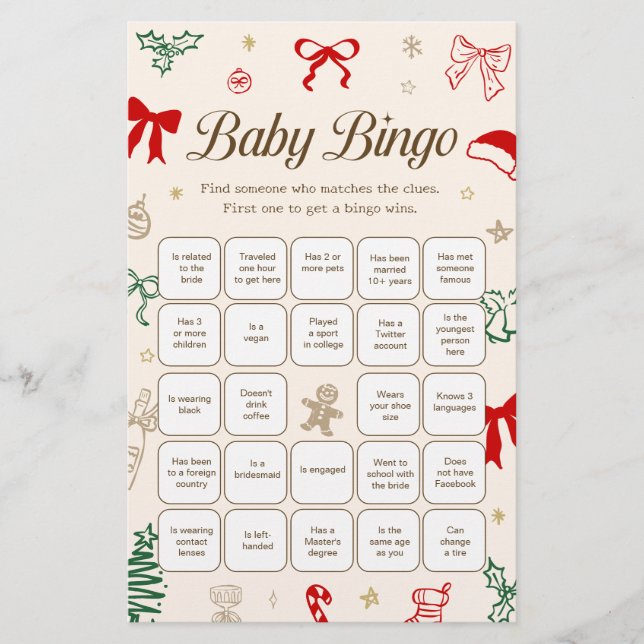 Lámina Christmas Baby Shower Find the Guest Bingo Game (Anverso)