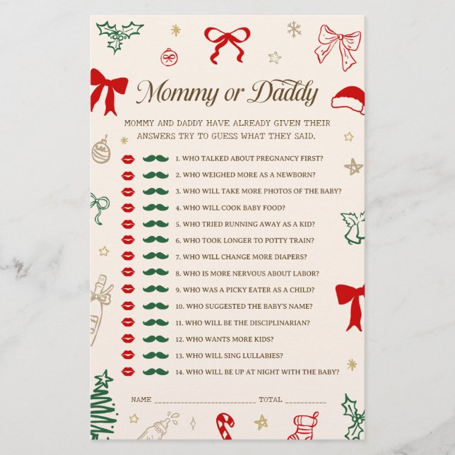 Lámina Christmas Baby Shower Guess Mommy or Daddy Game (Anverso)