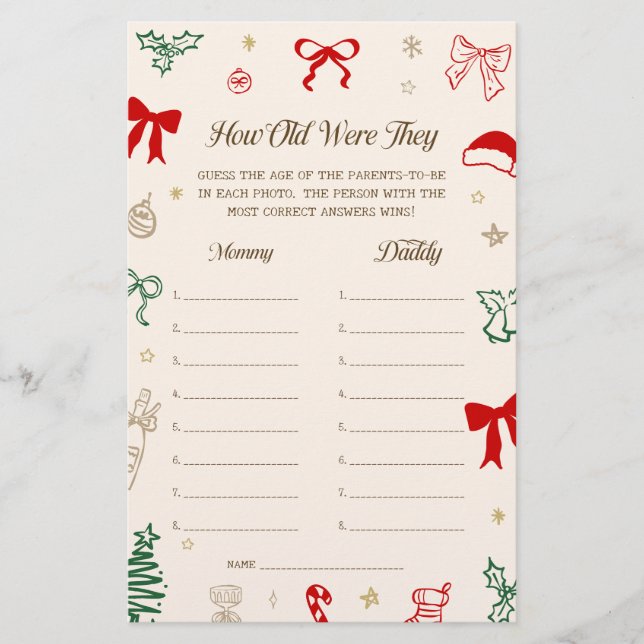 Lámina Christmas Baby Shower How Old Were They Game (Anverso)