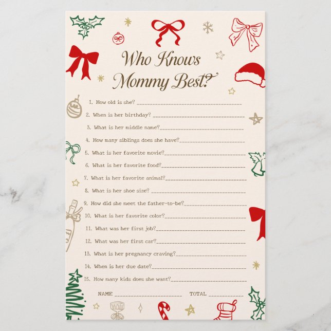 Lámina Christmas Baby Shower Who Knows the Mom Best Game (Anverso)