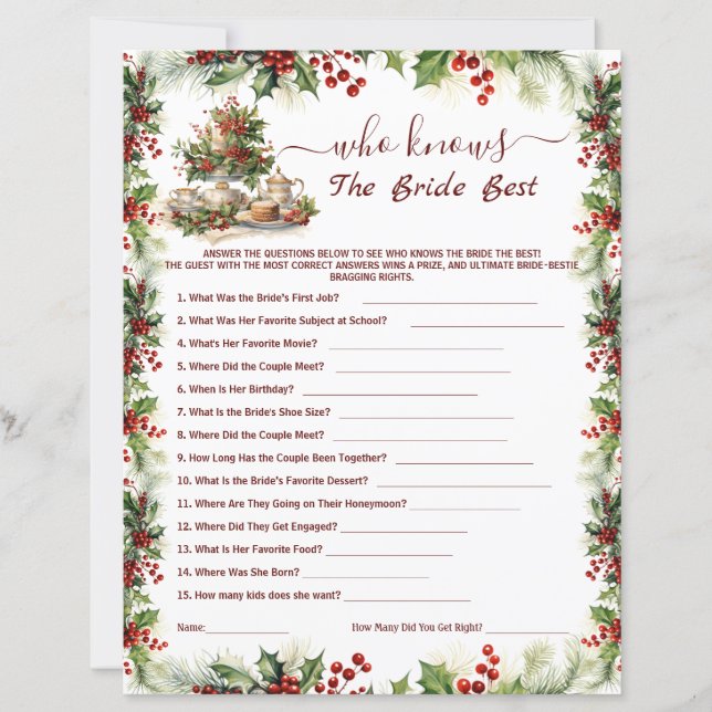 Lámina Christmas Bridal Shower who knows the bride Games (Anverso)