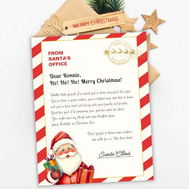 Lámina Christmas Letter From Santa From North Pole Office (Personalized Letter from Santa – North Pole Postmark & Candy Cane Border)