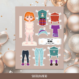 Lámina Christmas Paper Doll Redhead Girl Winter Outfits