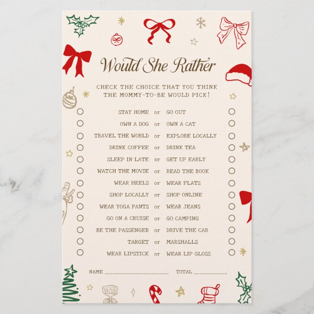 Lámina Christmas Santa Baby Shower Would She Rather Game (Anverso)