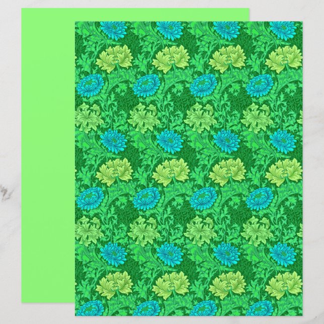Lámina Chrysanthemums de William Morris, Lime Green y Aqu (Anverso / Reverso)