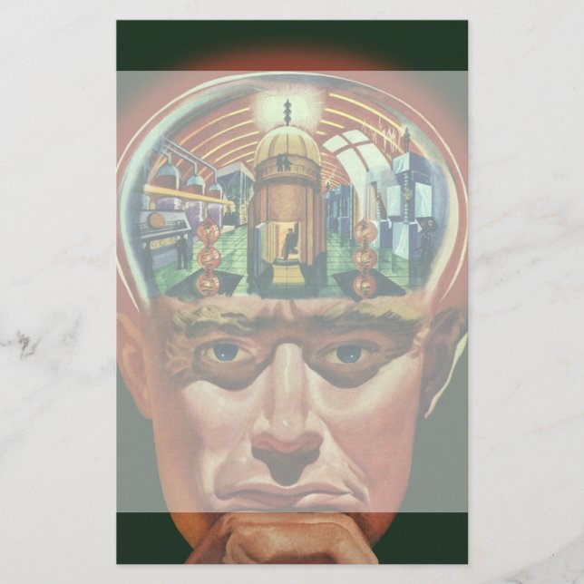 Lámina Ciencia ficción vintage, cerebro extranjero en lab (Anverso)