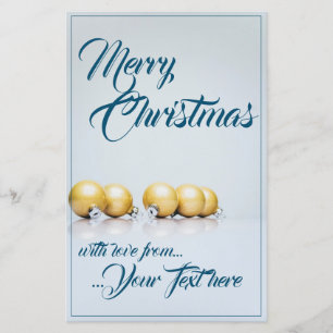 Lámina Cinco bolas de Navidad doradas - escritura azul