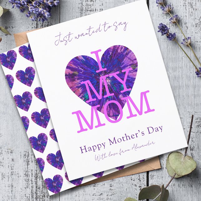 Lámina Cita de Día de la Madre me encanta mi madre acuare (I love my mom slogan purple heart art Mother’s Day card)