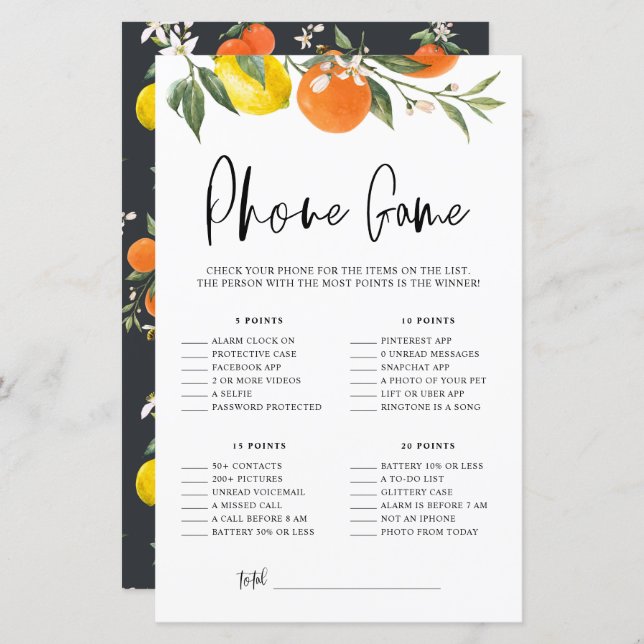 Lámina Citrus Botanical What's On Your Phone Shower Game (Anverso / Reverso)