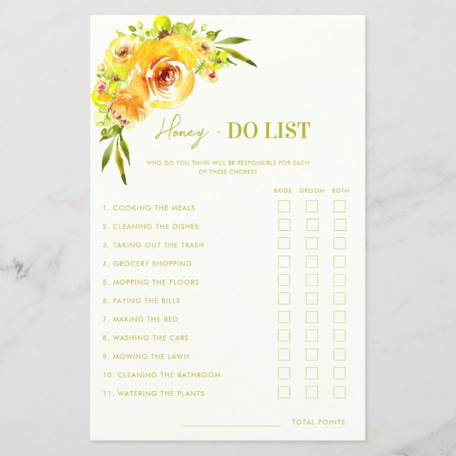 Lámina Citrus Green Yellow Floral Honey Do List Game (Anverso)