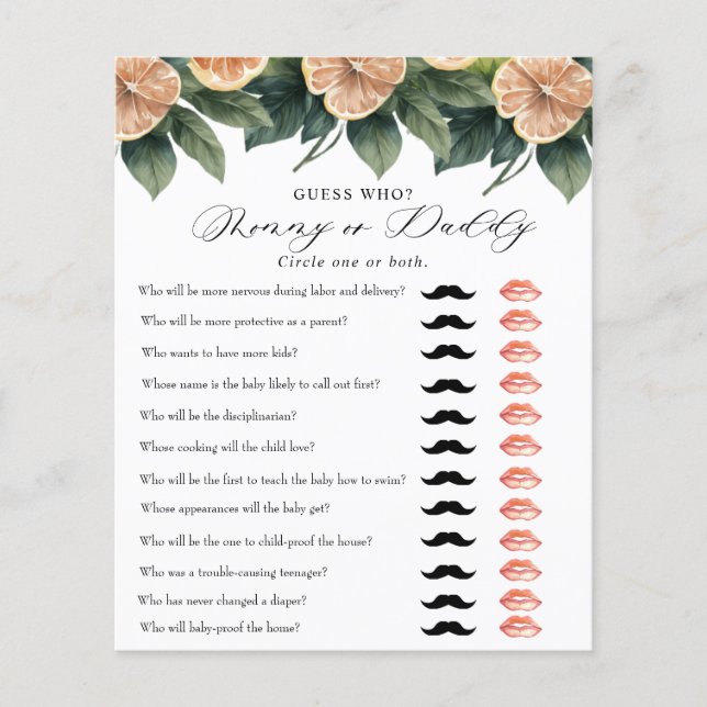 Lámina Citrus Greenery | Juego Baby Shower | Mamá papá (Anverso)