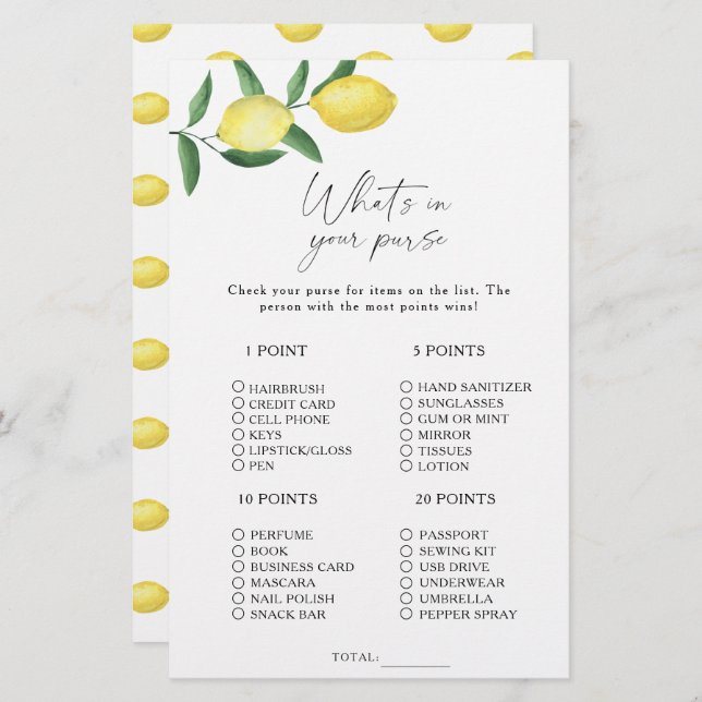 Lámina Citrus lemon - ¿Qué hay en el juego de tu bolso? (Anverso / Reverso)