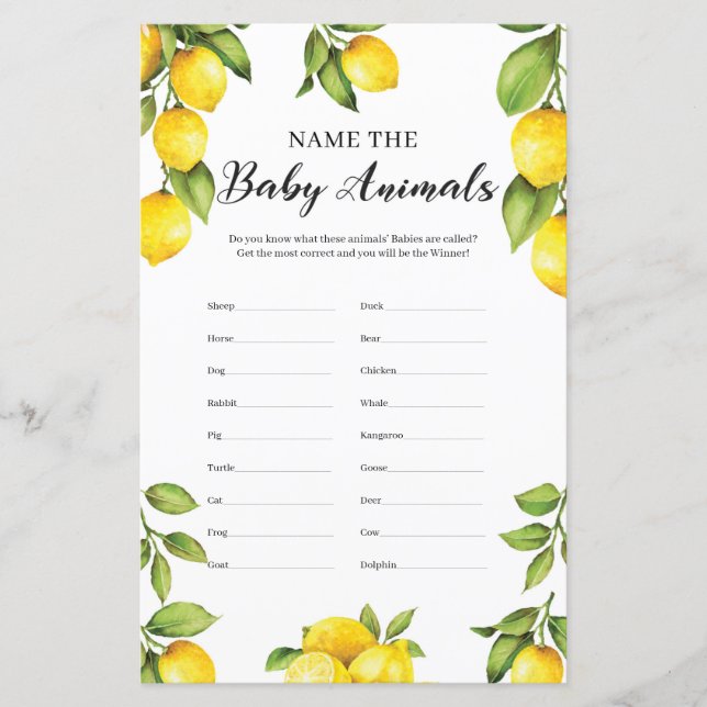 Lámina Citrus Lemons Nombra El Juego De Los Animales Bebé (Anverso)