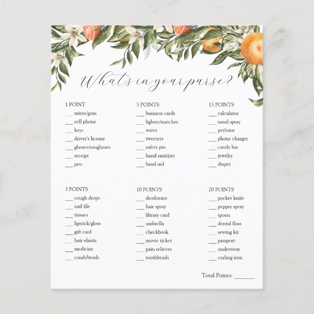 Lámina Citrus qué hay en tu bolso juego de ducha de novia (Anverso)